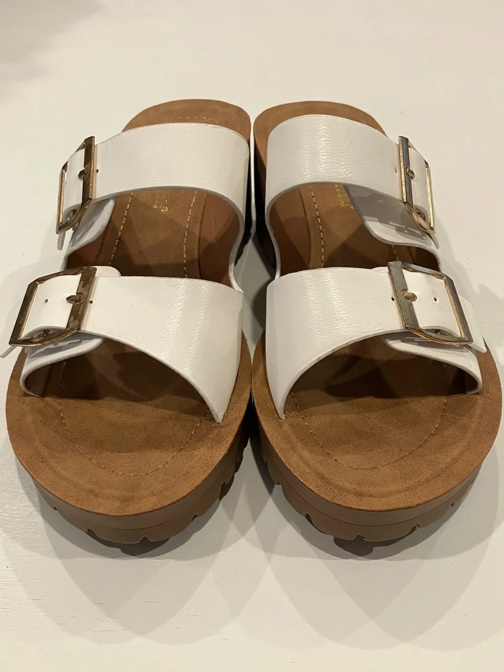 White Buckle-Detail Slide Heels